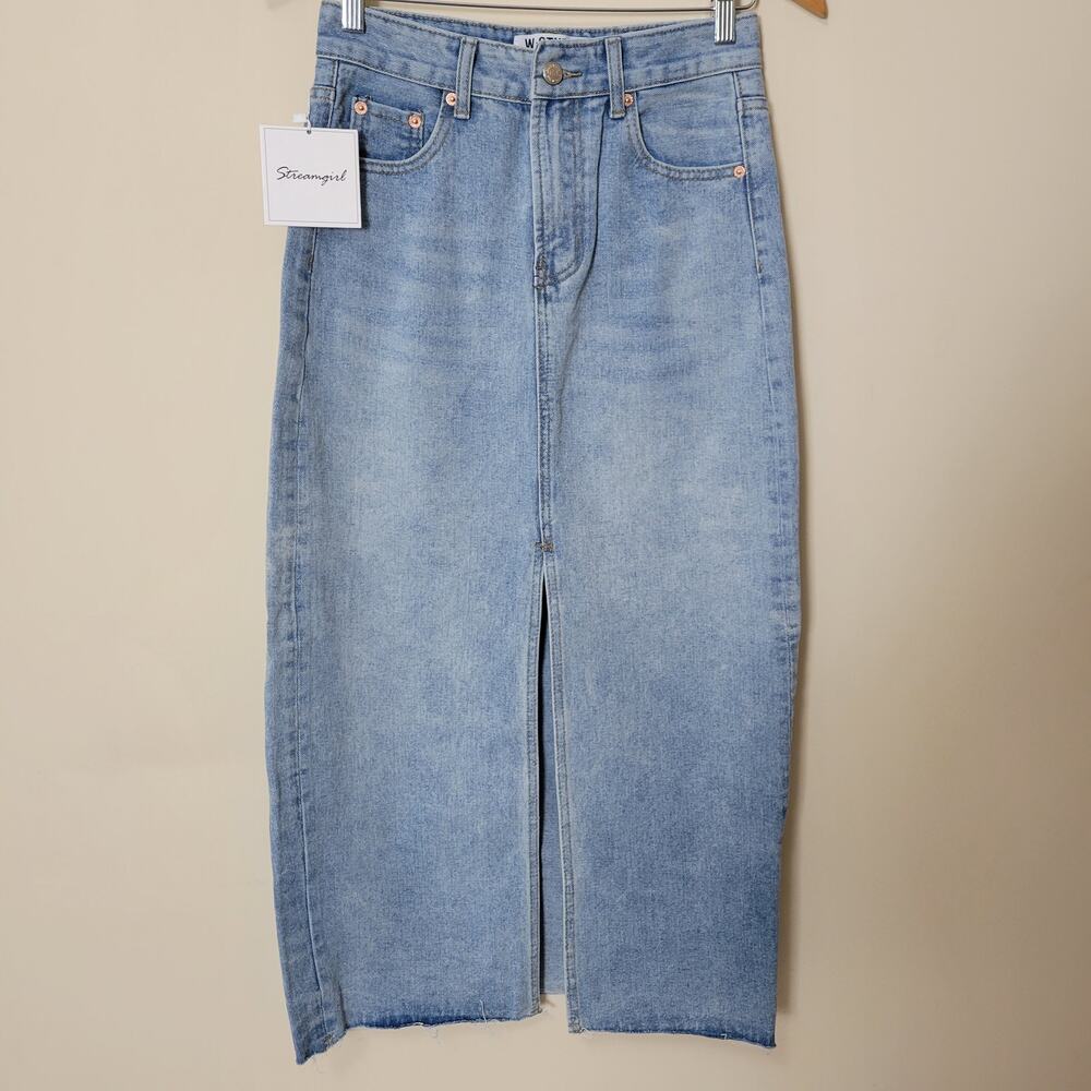 NWT W.Studio Streamgirl M Denim Pencil Straight Maxi Skirt High Front Slit